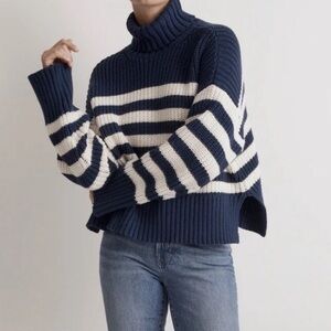 NWT Madewell Wide Rib Striped Turtleneck Sweater Navy White
